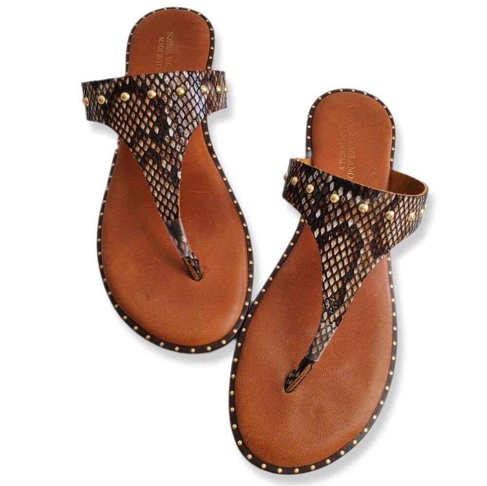 Women Sophia Milano Leather Thong Sandal 9 Brown Snake Stud Italy Boho NEW